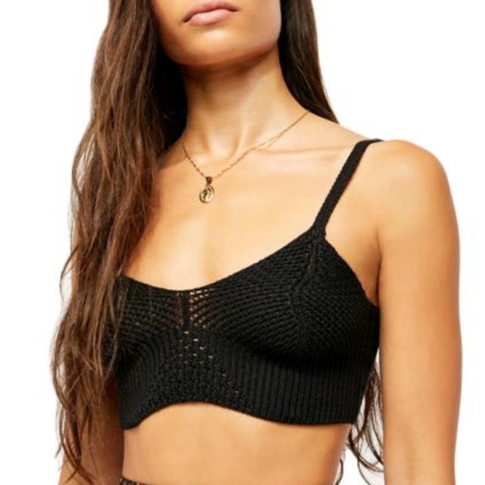 Free People Intimately You Wanna Brami Knitted Black Bohemian Crop Top